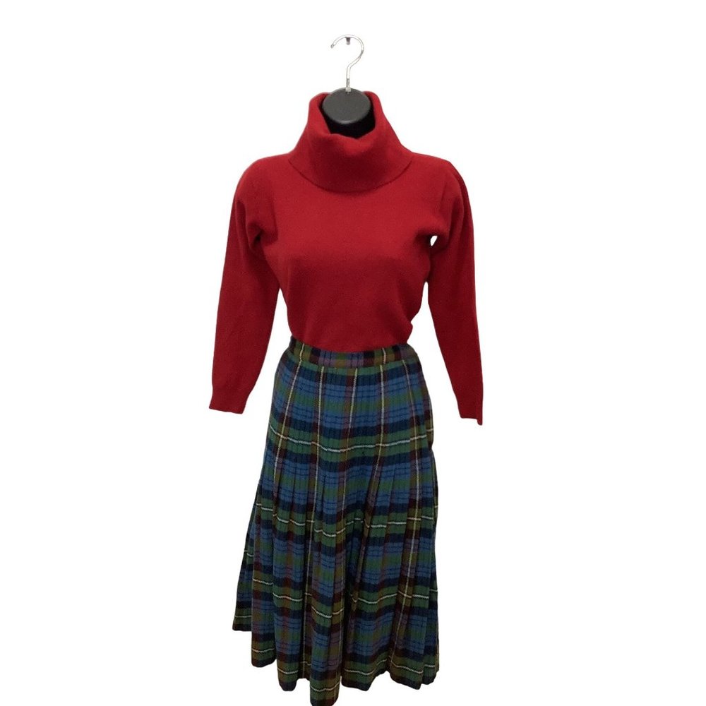 1960's Vintage Pleated Plaid Wool Skirt by Madison Maker- Small